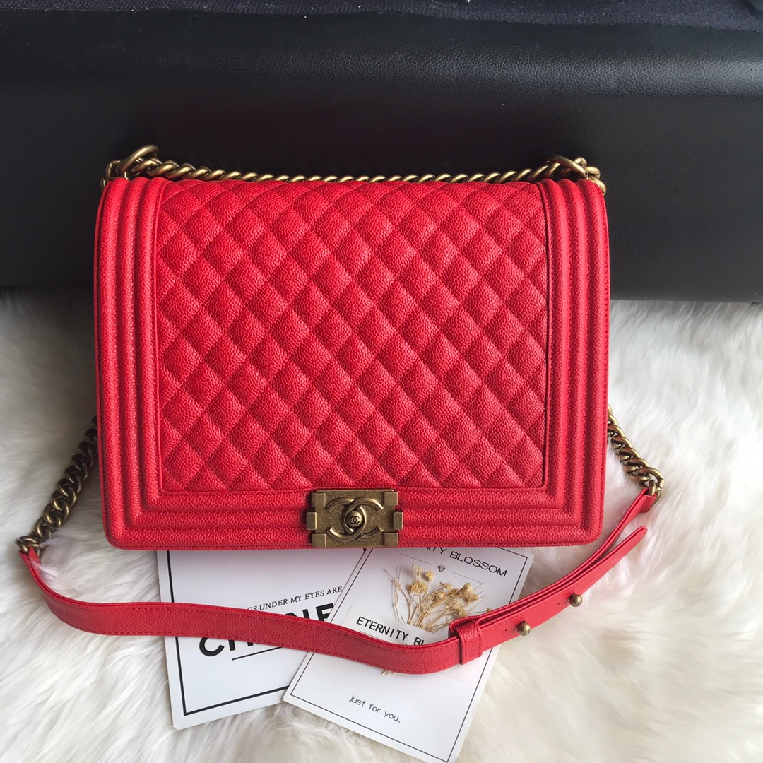 Caviar Large Boy Handbag Flap Bag A92193 Red/Gold